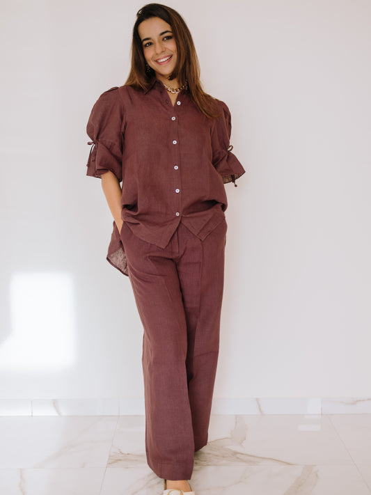 WINE LONG CLASSIC LINEN TOP WITH CLASSIC LINEN FLARED PANTS