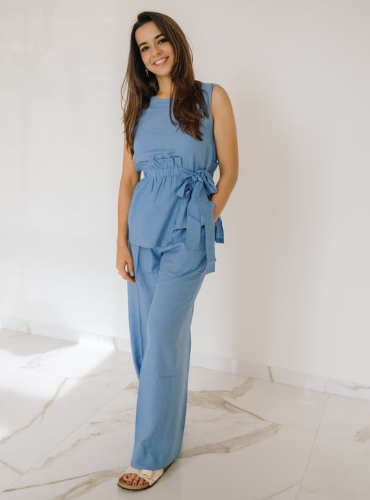 AZURE LINEN FRILL BOW CO-ORD SET