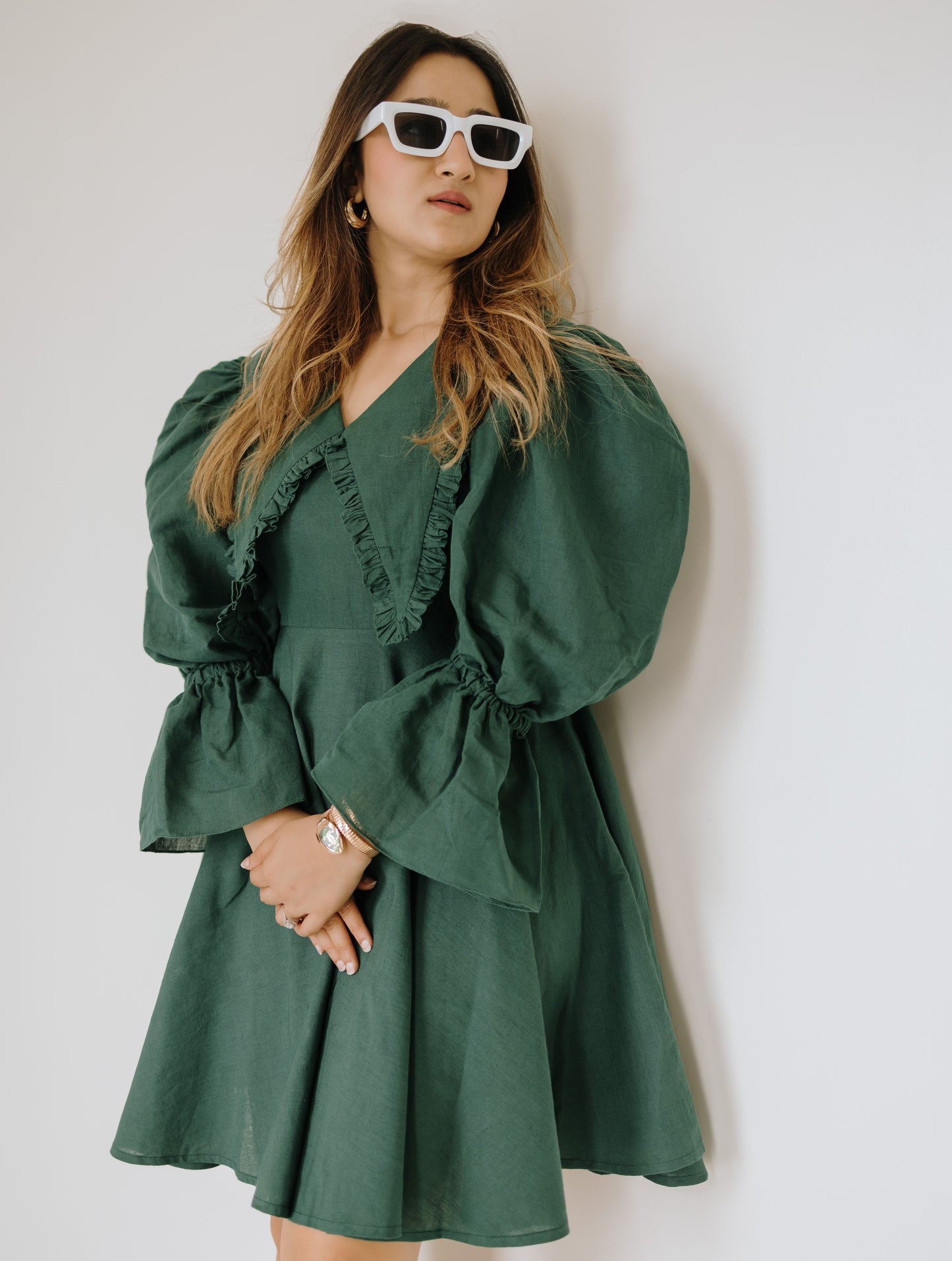 EMERALD FRILL LINEN DRESS