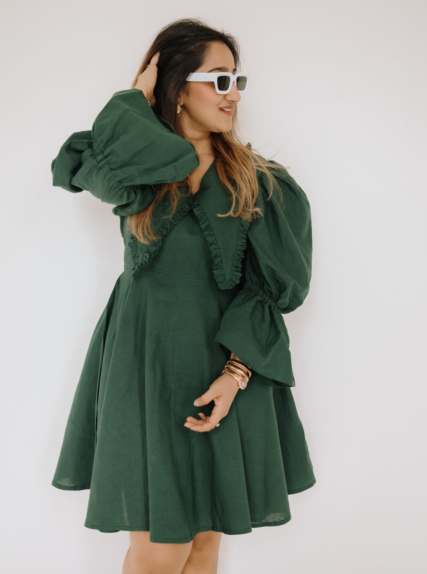 EMERALD FRILL LINEN DRESS