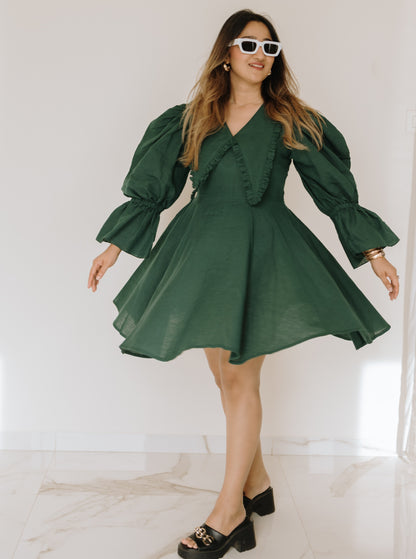 EMERALD FRILL LINEN DRESS