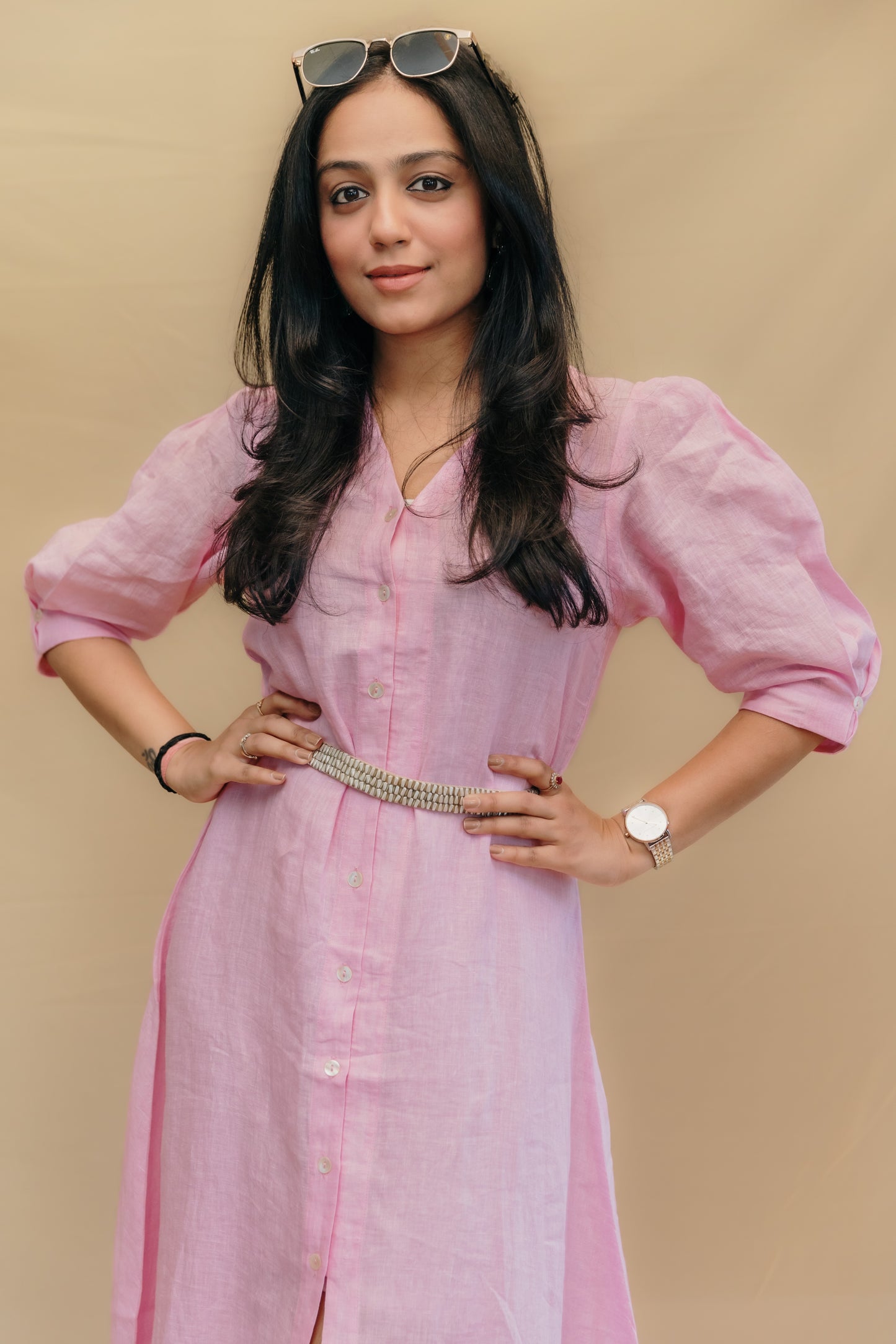 PINK PUFFED SLEEVE MIDI LINEN DRESS