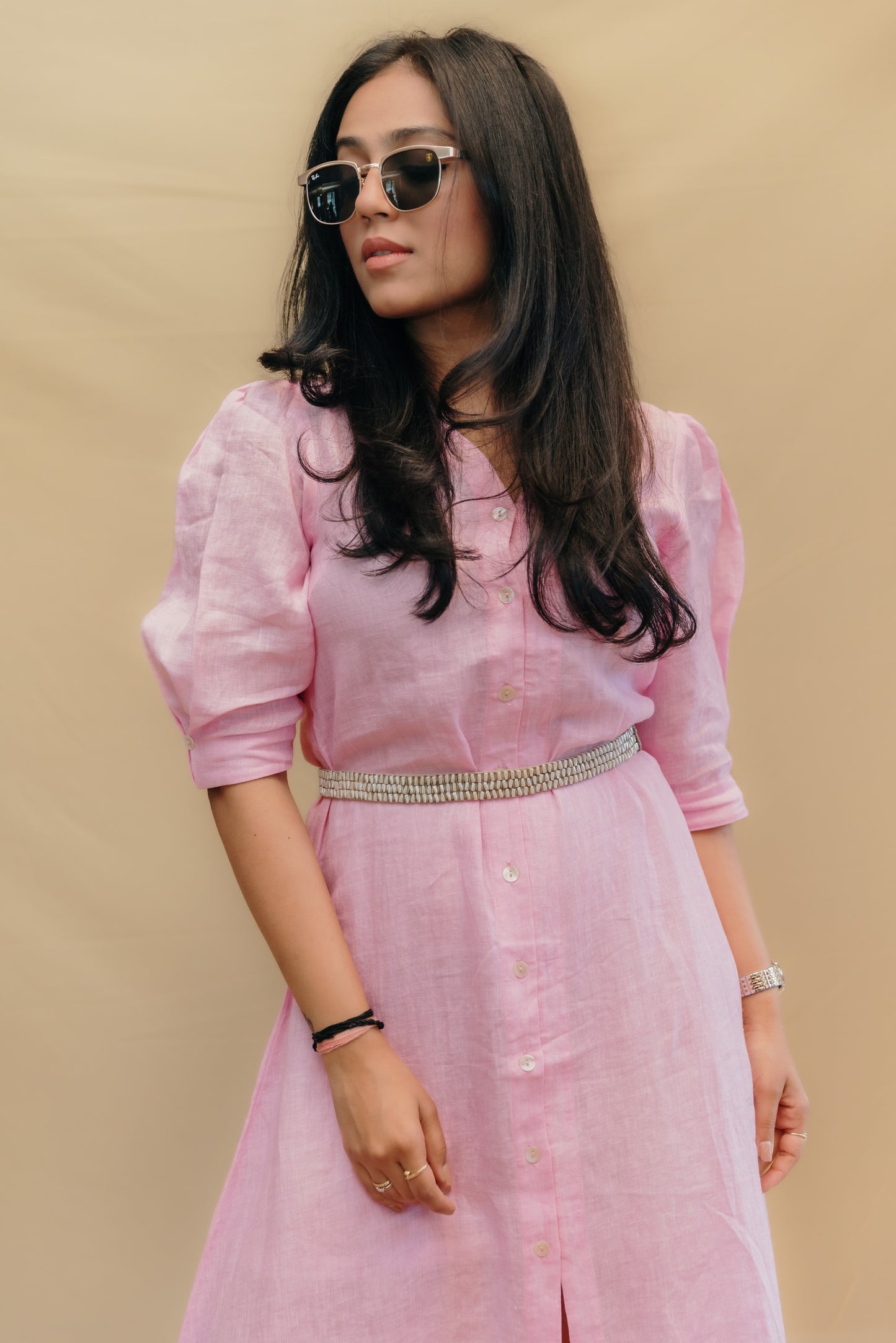 PINK PUFFED SLEEVE MIDI LINEN DRESS