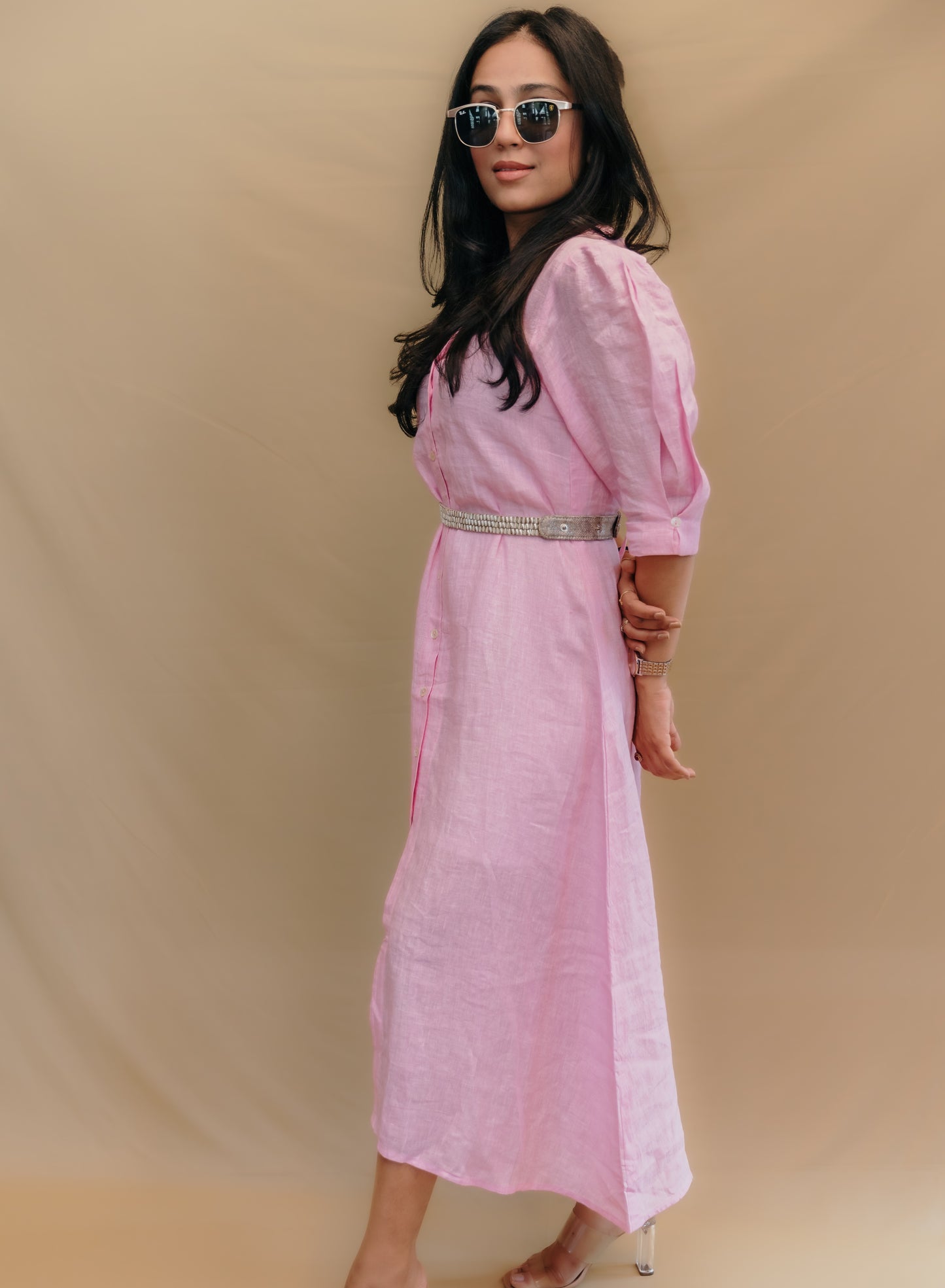 PINK PUFFED SLEEVE MIDI LINEN DRESS