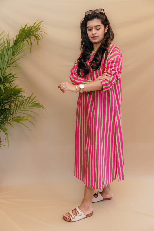 PINK STRIPE LINEN POCKET KAFTAN